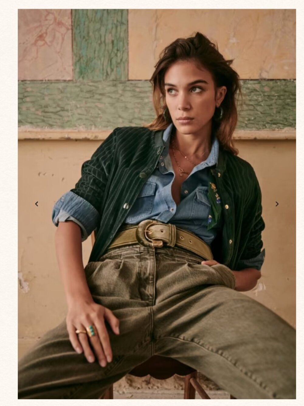 Sezane Dark Green Velvet Button-Front Iris Jacket in Sage 100% Organic Cotton - Picture 7 of 15